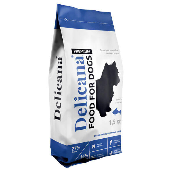Корм DELICANA для собак мелких пород лосось с рисом, 1.5 кг