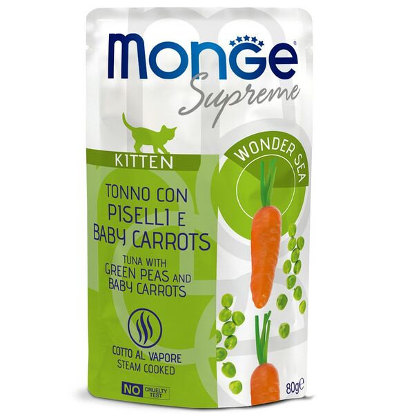 Корм для котят MONGE Supreme Pouch тунец с зелёным горошком и мини-морковью пауч 80г (упаковка - 24 шт)