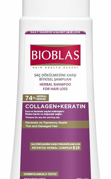 BIOBLAS Шампунь для придания объема тонким волосам против выпадения с коллагеном и кератином, 360 мл