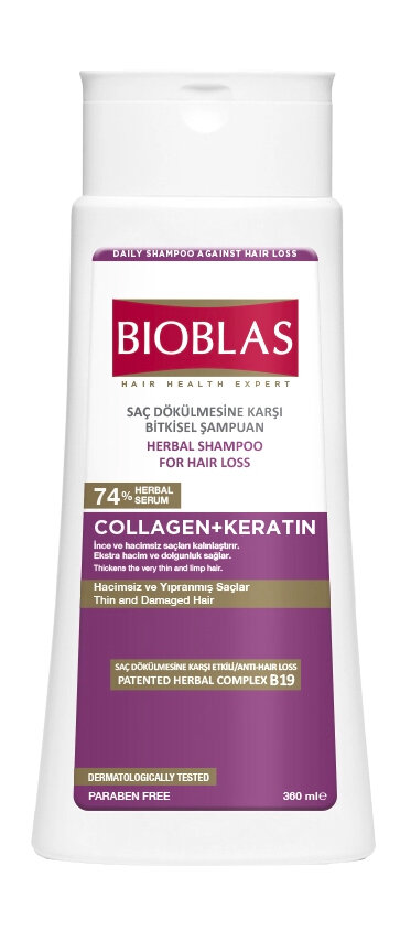 

BIOBLAS Шампунь для придания объема тонким волосам против выпадения с коллагеном и кератином, 360 мл