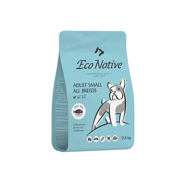 Сухой корм для собак мелких пород Eco Native Fish SUPERPREMIUM из дикого лосося с бурым рисом и цветной капустой 800 г
