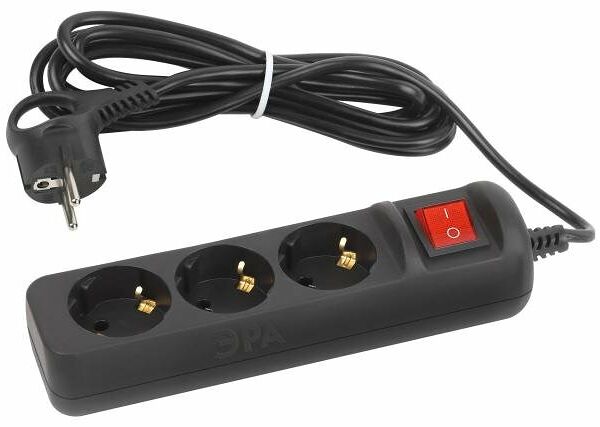 Удлинитель электрический Эра UX-3es-3m-B с заземлением с выключателем 3 розетки 3 м ПВС 3x0,75мм2 10А черный