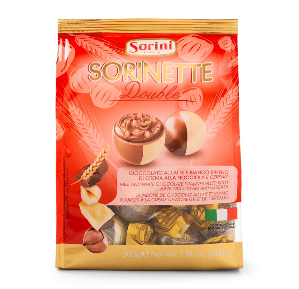 

Шоколадные конфеты Sorini из молочного и белого шоколада с начинкой из орехового крема с зерновыми Double 200 г Италия