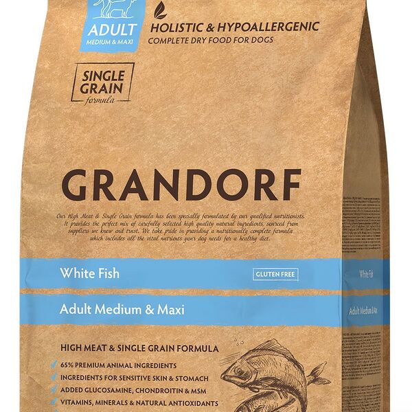 Корм сухой Grandorf White Fish для взрослых собак средних и крупных пород, белая рыба, 3кг