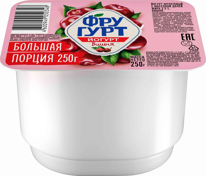

Йогурт вязкий живой Фругурт Вишня 2.5% 250 г