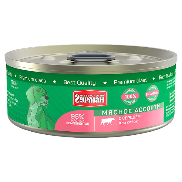 Консервы для собак Четвероногий гурман Мясное ассорти, с сердцем 100г