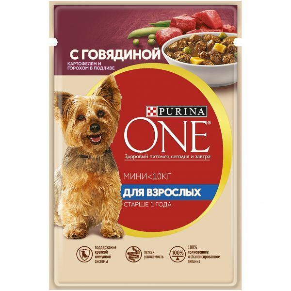 Корм влажный Purina ONE Мини Взрослая для собак мелких пород, говядина, картофель и горох