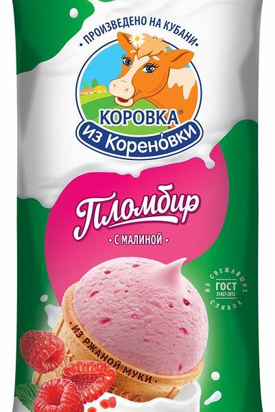 Мороженое Коровка из Кореновки пломбир со вкусом малины в вафельном стаканчике 100г