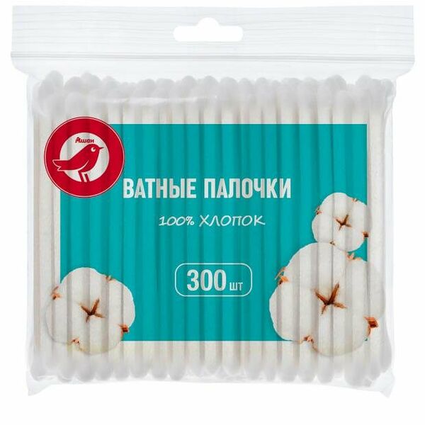 Ватные палочки АШАН Красная птица zip пакет, 300 шт