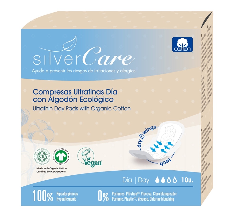 

Прокладки SilverCare Ultra day дневные с крылышками ультратонкие из органического хлопка 10шт., Испания