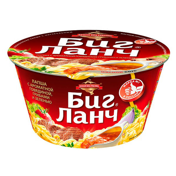 Лапша яичная Биг Ланч с ароматной говядиной, грибами и зеленью 90г