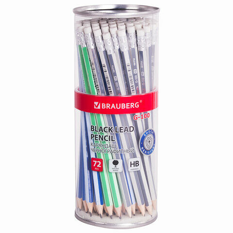 Карандаш чернографитный Brauberg G-100 1шт HB с ластиком корпус ассорти 181714