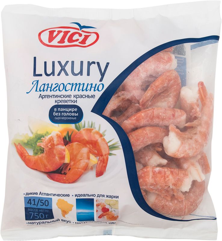 

Креветки аргентинские сыромороженые Vici Luxury Лангостино красные в панцире без головы 41/50 750 г