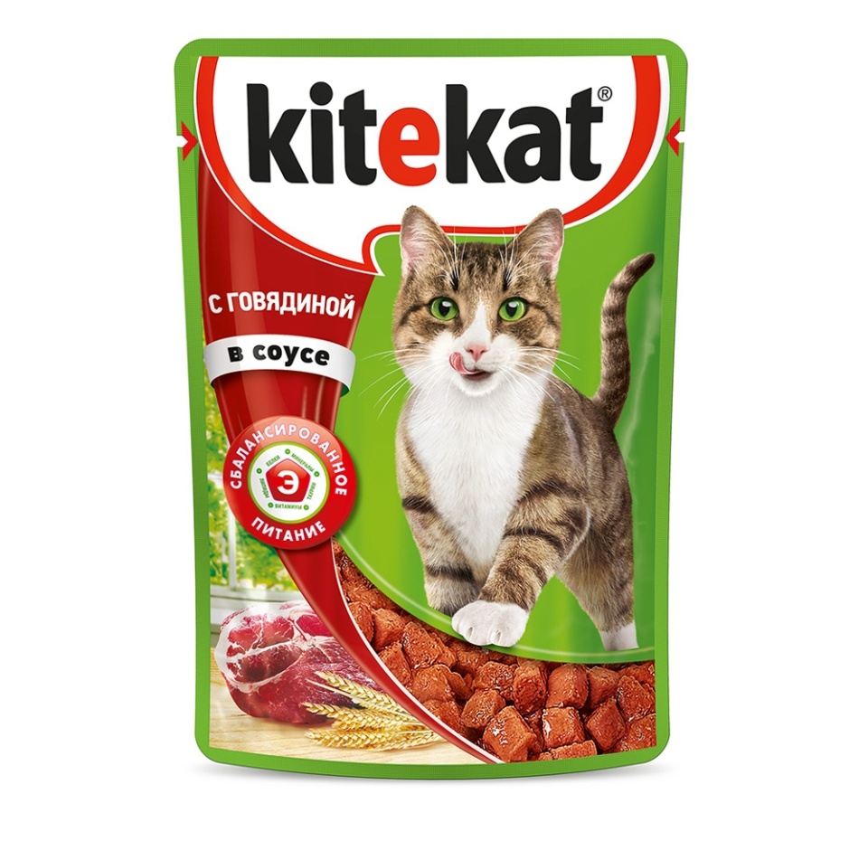 

Влажный корм для кошек с сочными кусочками говядины в соусе, Kitekat, 85 г, Россия
