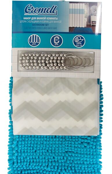 Набор аксессуаров для ванной комнаты Gromell со шторой с кольцами и ковриком бирюзовый