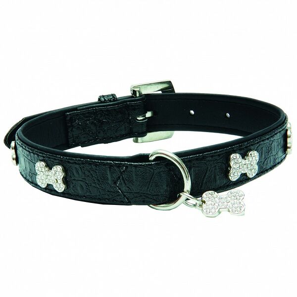 Ошейник для собак КАСКАД  Колибри  кольцо посеред.с укр.и кулоном  Косточка  со страз.25ммх50см черн