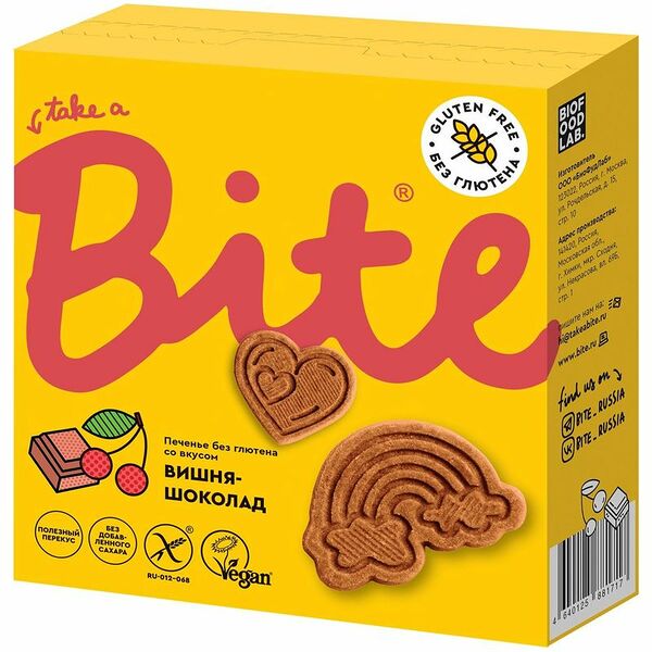 Печенье безглютеновое Bite Вишня-Шоколад (без сахара) 115г, Россия