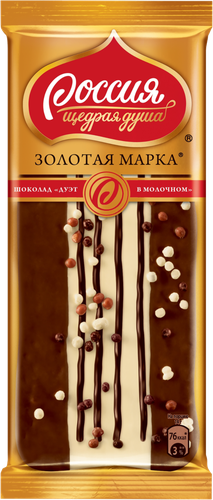 

Шоколад Россия - Щедрая душа! Золотая марка Дуэт в молочном с арахисом декорированный, 85 г