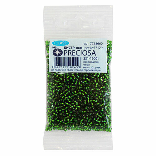 (57120) 331-19001-10/0 Бисер прозрачный с серебр.центром 10/0, круг.отв., 20гр Preciosa,упак