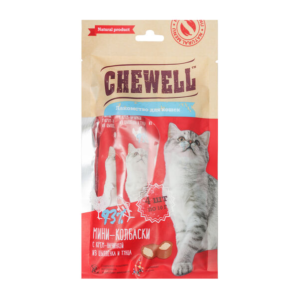 Лакомство для кошек мини-колбаски с крем-начинкой из цыпленка и тунца, 40 гр.