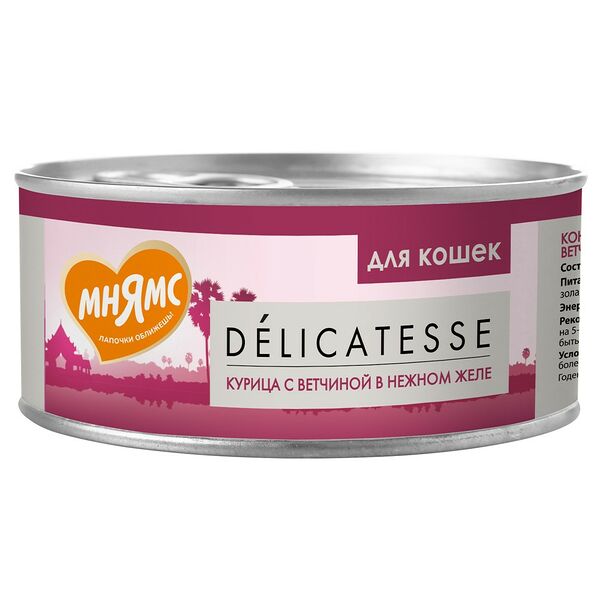 Корм для кошек МНЯМС Курица с ветчиной в нежном желе банка 70г (упаковка - 24 шт)