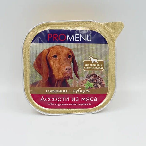 Влажный корм PRO MENU для взрослых собак крупных и средних пород, ассорти из мяса говядины с рубцом, 300 г