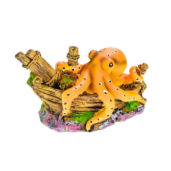 Декорация для аквариума осьминог на лодке, 9x6x7см