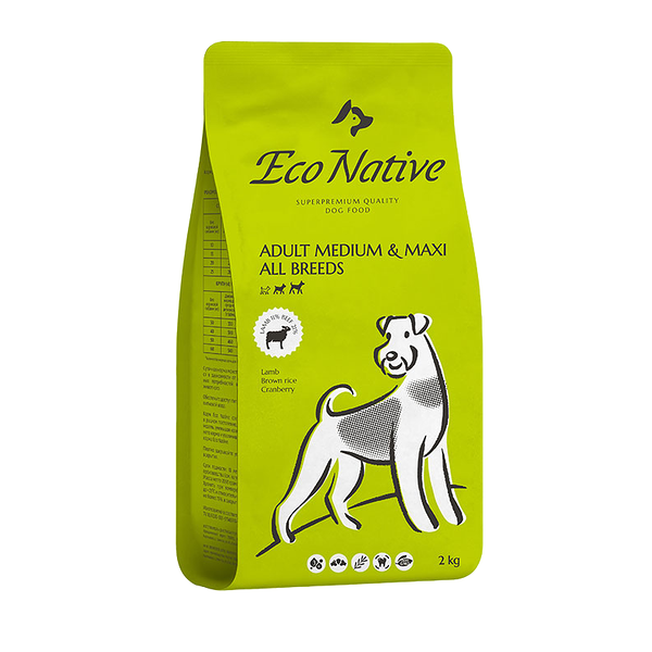Сухой корм для собак средних и крупных пород Eco Native Lamb SUPERPREMIUM из мяса степного ягненка с бурым рисом и лесной клюквой 2 кг