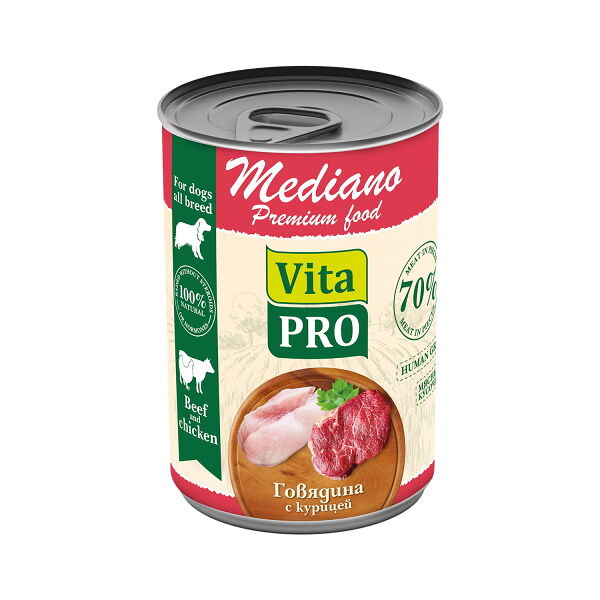 VITAPRO MEDIANO для собак консервы 400г Говядина с курицей кусочки в соусе