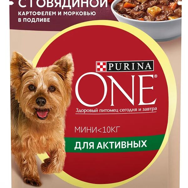 Влажный корм Purina ONE Мини для активных взрослых собак мелких и карликовых пород, с говядиной, картофелем и морковью в подливе