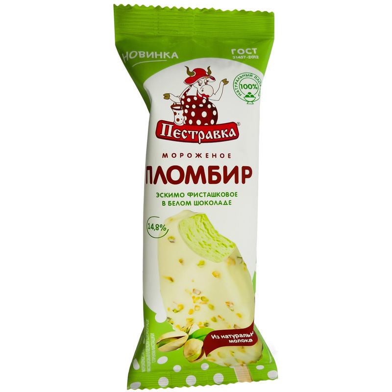 

Пломбир Пестравка Эскимо фисташковый в белом шоколаде с орехом фисташки 14.8%, 70 г