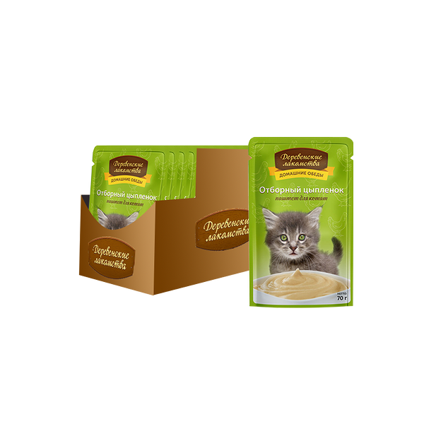 Корм для котят ДЕРЕВЕНСКИЕ ЛАКОМСТВА Отборный цыпленок паштет пауч 70г (упаковка - 12 шт)