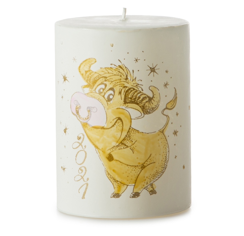 

Свеча-столбик Candles Веселый бычок 2021 белая, 7x10 см
