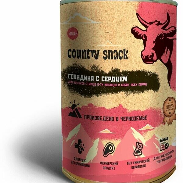 Консервы для щенков и собак всех пород Country snack Говядина и сердце