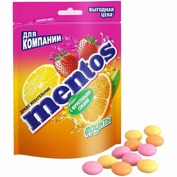 Драже Mentos жевательные клубника-апельсин-лимон, 95г
