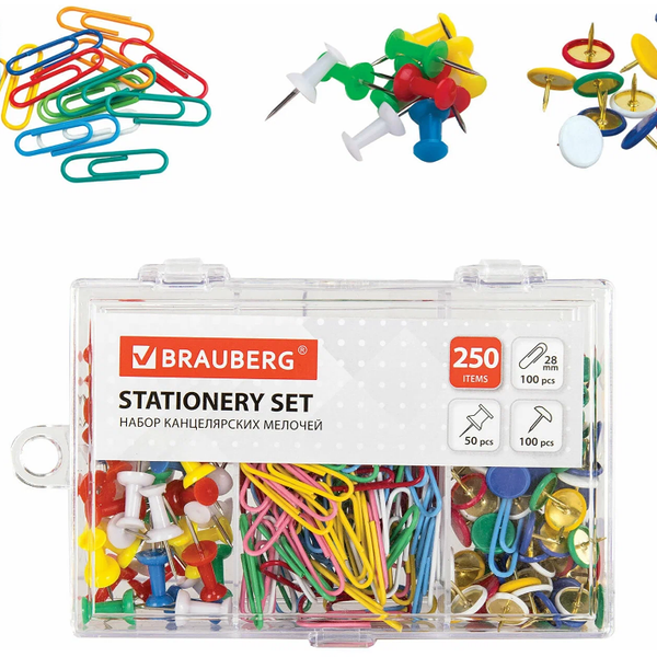 Набор Brauberg скрепки цветные 28мм/100шт кнопки канц 100шт силовые кнопки 50шт 229675