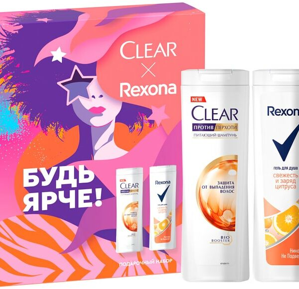 Подарочный набор Clear + Rexona Шампунь Защита от выпадения волос 200мл и Гель для душа Заряд цитруса 200мл