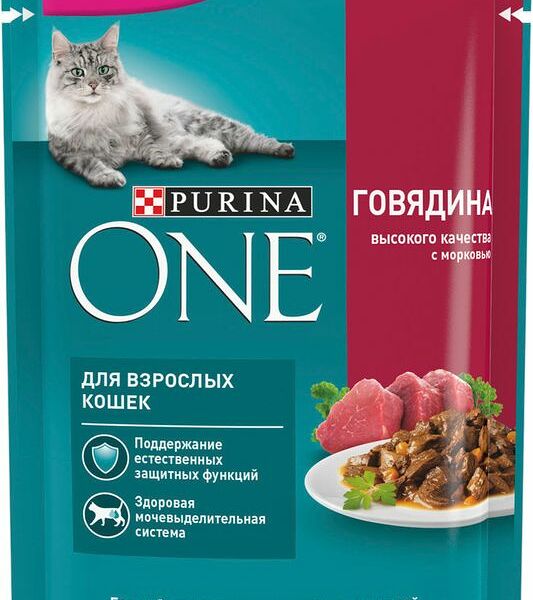 Корм влажный Purina One Adult с говядиной и морковью в соусе для взрослых кошек при домашнем образе жизни 75г
