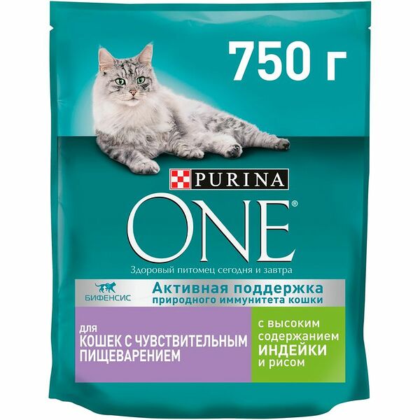 Корм сухой Purina One с индейкой и рисом для кошек с чувствительным пищеварением, 750г