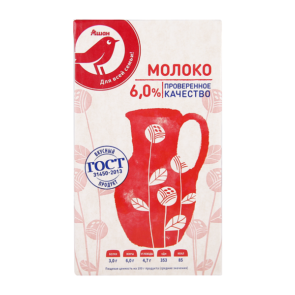 Молоко ультрапастеризованное АШАН Красная птица 6%