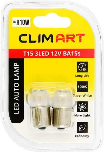 Лампа автомобильная светодиодная CLIM ART T15 3LED 12V BA15s (R10W)/к-т, 2шт