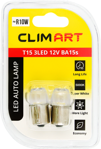 

Лампа автомобильная светодиодная CLIM ART T15 3LED 12V BA15s 5000К (R10W)/к-т 2 шт