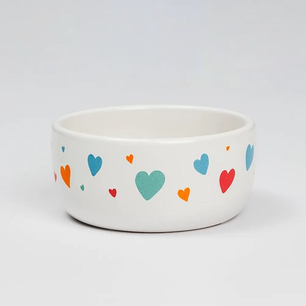 Миска керамическая для кошек и собак, 11x5,5 см, белая c рисунком кошки с сердцами