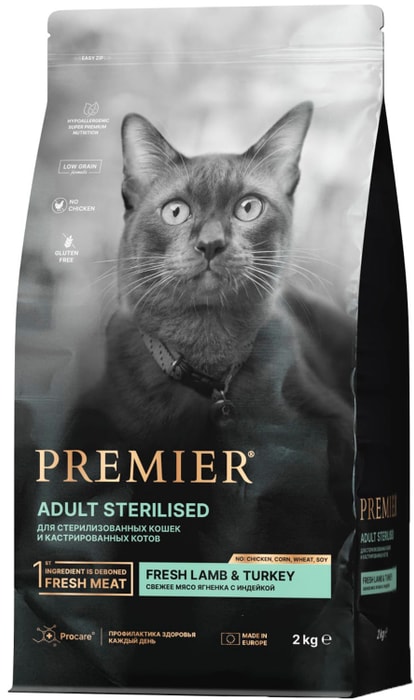 

Сухой корм для стерилизованных кошек Premier Cat Lamb&Turkey Sterilised Свежее мясо ягненка с индейкой 2 кг