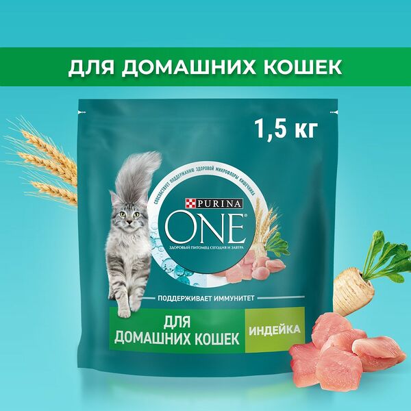 Сухой корм Purina ONE® для взрослых кошек, живущих в домашних условиях, с высоким содержанием индейки и цельными злаками, Пакет, 1,5 кг