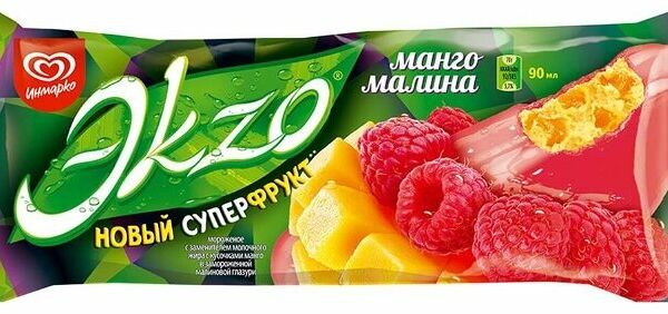 Мороженое Эkzo Новый Суперфрукт молочное с малиной и манго (Инмарко)