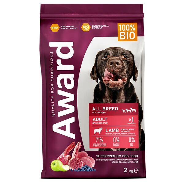 Сухой корм Award с ягненком индейкой яблоком и черникой для собак 