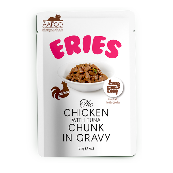 Влажный корм Pettric Eries для любых кошек Курица с мясом тунца, кусочки в соусе 85г