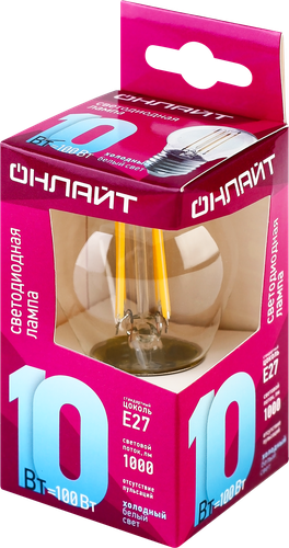 

Лампа светодиодная Онлайт 10Вт 4000К Е27 шар, филамент, Арт. 80883