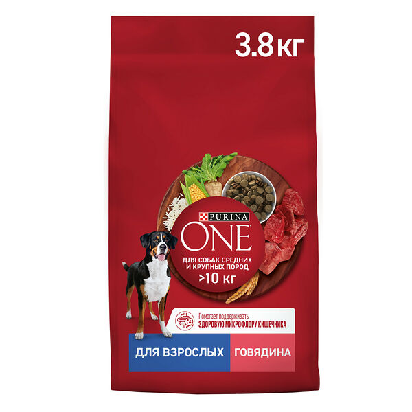 Сухой корм Purina ONE® для взрослых собак средних и крупных пород, с высоким содержанием говядины и с рисом 3,8 кг